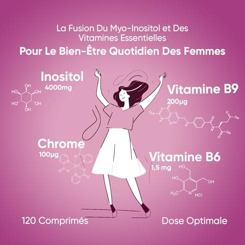 Myo Inositol 4000mg - Enrichi en Vitamines B6, B9 Acide Folique, Chrome - Bien-Être Femme - Pour Métabolisme Énergétique, Glycémie (EFSA) - 120 Comprimés (1 Mois) - Alternative Inositol Poudre