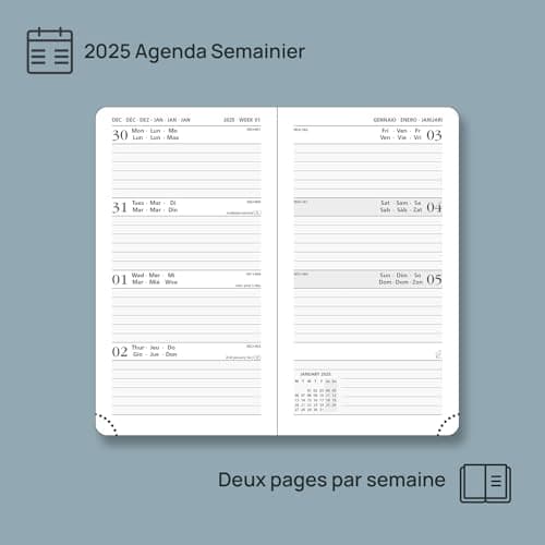 POPRUN Agenda de Poche 2025 16,5 x 9 cm - Couverture Rigide en PU Cuir, Petit Planner Semainier D'Jan 2025 à Déc 2025-12 Mois, Avec signet à 2 rubans, Papier Certifié FSC® 100 g/m2, Bourgogne