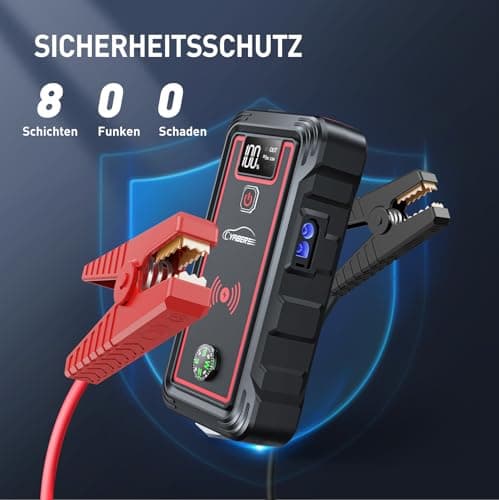 YABER Booster Batterie, 3500A 23800mAh Portable Jump Starter (Tout Gaz ou 8,0 L Diesel), Chargeur sans Fil avec Lamp LED, Écran LCD, Marteau de Sécurité, Boussole