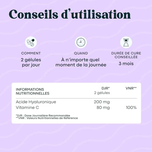 Acide Hyaluronique Pur, 60 Gélules Vegan, Action Anti-Âge + Anti-Rides, 800-900 kDa, Cure de 1 mois, Hydratation de la Peau, Avec Vitamine C, Fabriqué en France, Essentials by NOVOMA