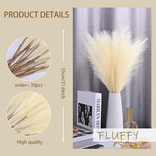 30 Pièces Jaune Pâle Herbe de la Pampa, Fleurs Séchées, Décoration Pampa Sechees, Pampa Herbe, Décoration Fleur Sechees, Pampa pour Mariage, Maison, Salon, Décor Bohème