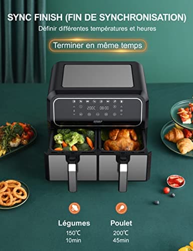 Innsky Friteuse Sans Huile Dual Zone, 8L Air Fryer avec 8 Programmes, Friteuse à Air XXL avec Double Panier, Airfryer Écran Tactile LED, Recettes Françaises