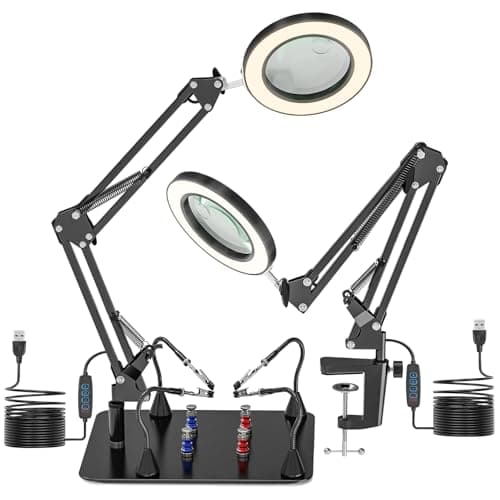 Jubor 10X & 15X Loupe avec Lumière et Support, Aide Magnétique à Souder Main Secourable, Troisième Main Loupe à Souder avec 3 Modes de Couleur Gradable, Lampe Loupe pour Bricolage, Soudage, Loisirs