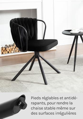 WOLTU Chaise de Salle à Manger Pivotante Lot de 4, Fauteuil Rembourré avec Dossier Tressé et Pieds en Métal, Chaise Scandinave, en Velours,Noir,EZS72sz-4