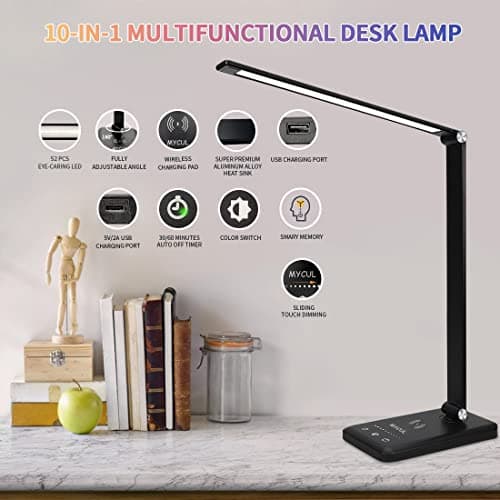 Lampe de Bureau LED avec Chargeur sans Fil, Lampes de Bureau Dimmable 10 Niveaux de Luminosité 5 Modes de Couleur, Lampe de chevet Avec Port USB et Fonction Minuterie, Flexible Contrôle Tactile