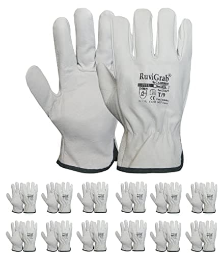 Ruvigrab - Pack de 12 Gants de Travail en Cuir de Fleur Naturelle | Gants de Jardinage | Taille 8