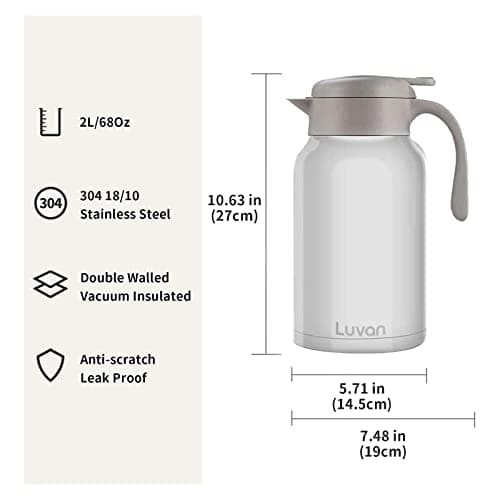 Luvan Thermos, 2 l, Carafe Isotherme en Acier Inoxydable, Fonction Maintien au Chaud, Froid, 24 Heures (Blanc)