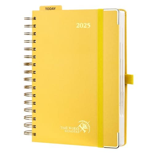 POPRUN Agenda 2025 Journalier 21,5 x 14,5 cm - Couverture Rigide Spirale, 1 Page par Jour A5 Agenda, D'Jan 2025 à Déc 2025-12 Mois, Avec règle signet, Papier Certifié FSC® 80 g/m2, Jaune clair