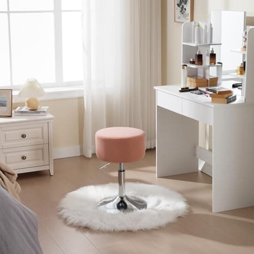 WOLTU Tabouret de Maquillage, Tabouret de Bar Rond, Tabouret Réglable en Hauteur, Tabouret Pivotant sur Socle Évasé en Métal, Tabouret Rembourré, en Velours Côtelé, Rose, BH409rs-1