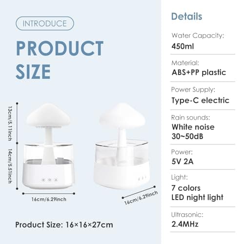 Humidificateur de Pluie Nuageuse, Diffuseur d'Huile Essentielle 7 Couleurs Changeantes LED Nightlight Champignon Humidificateur 3 Modes à Distance Goutte à Goutte (Blanc)