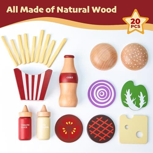 Aliments de jeu en bois pour enfants - Hamburger - Accessoires de cuisine pour tout-petits - Cadeau pour garçons et filles - Jouets éducatifs