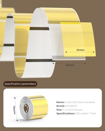 MUNBYN 500 Étiquettes Thermiques Transparentes Dorées Square 51x51mm, Autocollants Thermiques Imprimables à Paillettes Fines Rondes pour Petites Entreprises, Étiquettes D'adresse Etiquettes