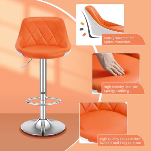 WOLTU Tabouret Bar, Chaise Haute Bar, Tabouret en Similicuir, Réglable en Hauteur, avec Dossier, Repose-Pieds, Chaise Haute Cuisine, Orange, BH30or-1