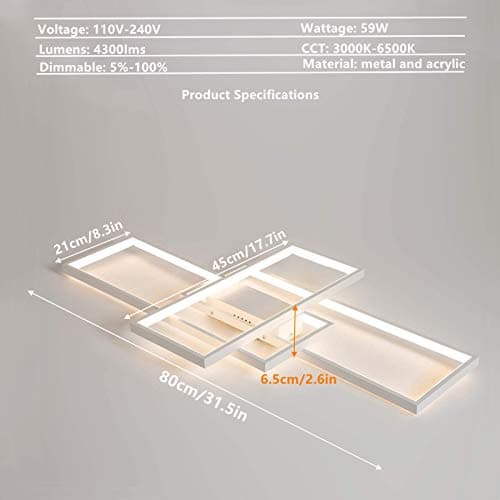 Plafonnier LED Moderne Pour Salon - Intensité Variable Avec Télécommande - Design Rectangulaire Créatif Éclairage Décoratif Pour Chambre À Coucher Salon Salle Lustre,Blanc,80x45x9cm