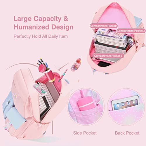 FANDARE Sac à Dos Enfant Sacs Scolaires Filles Garçons Cartables Scolaires Sac d'école Sacs Scolaires pour Étudiant Outdoor Voyage école Daypacks Imperméable Polyester Galaxie Rose L
