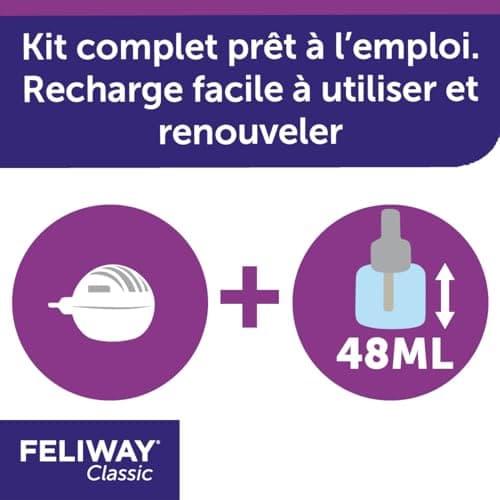 FELIWAY Classic – Anti Marquage Urinaire, Anti Griffade – Diffuseur électrique calmant + recharge 48ml - Naturel - Fabriqué en France - Réduit le stress des chats et les problèmes comportementaux