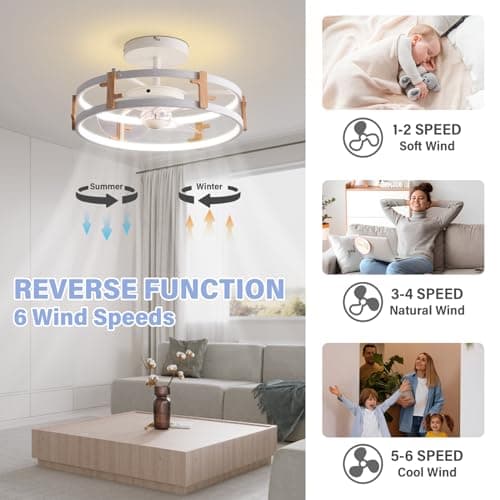 MOUNM Ventilateur Plafond avec Lumiere, Plafonnier LED Luminosité Dimmable de 3000k-6000k, Ventilateur Plafond 40cm et Télécommande, Luminaire Ventilateur Plafonnier 6 Vitesses 58W(45W+13W)