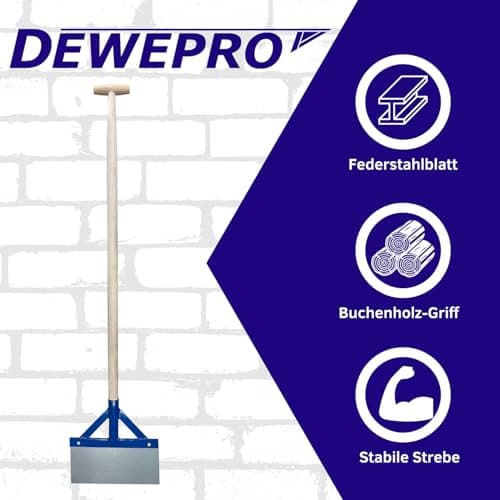 DEWEPRO Grattoir à choc avec manche en bois - Grattoir pour sol, goudron, plâtre, mortier – Très stable avec entretoises et lame en acier à ressort - Largeur : 300 mm - Longueur totale environ 137 cm.