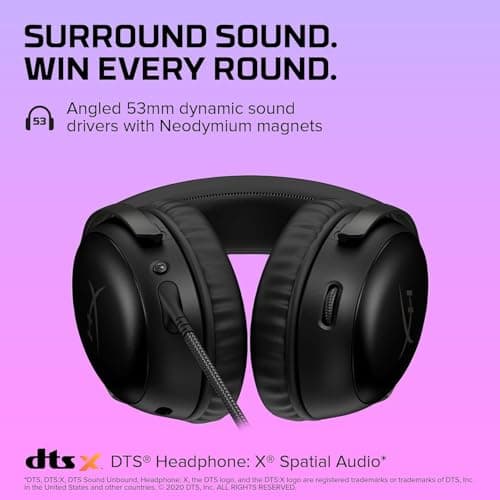 HyperX Cloud III – Casque de Gaming Filaire, PC, PS5, Xbox Series X|S, DTS, Mousse à mémoire de Forme, Microphone au Son cristallin de 10 mm, avec Suppression du Bruit, USB-C, USB-A, 3.5mm – Noir