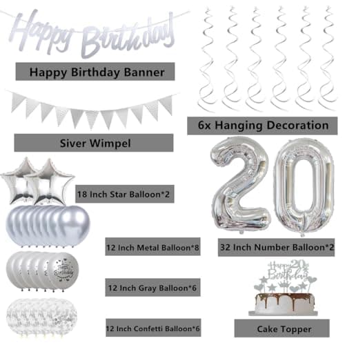 20 ans Décoration anniversaire argent, Décoration anniversaire 20 ans argent, Femme Ballon 20 argent, Ballon argent 20 ans anniversaire Décoration homme femme, Ballon 20 ans anniversaire