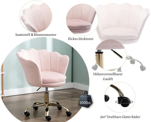 Wahson Chaise de Bureau pivotante en Velours Fauteuil de Bureau réglable en Hauteur Chaise pour Chambre à Coucher/Coiffeuse (Rose Clair)