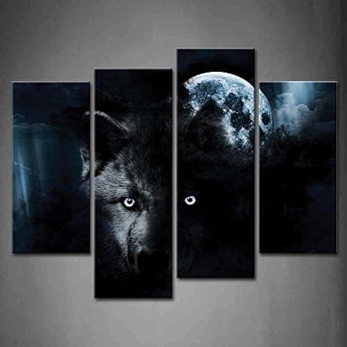 4 Panneau Noir Loup Et Plein Lune Peinture Murale d'art l'image imprimée sur Toile Animal Photos d'œuvres d'art pour Le Bureau à Domicile Décoration Moderne