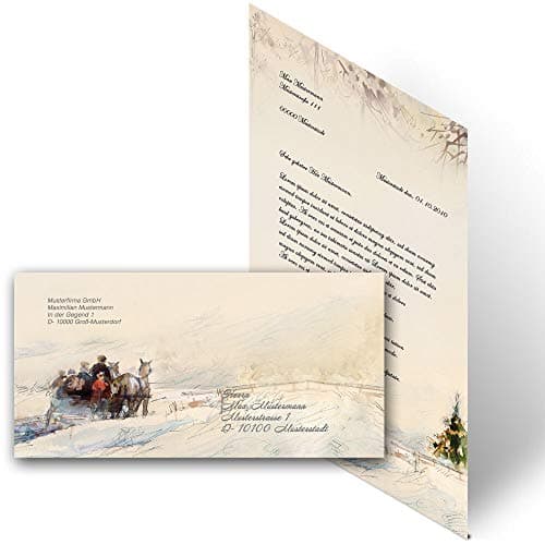 Set complet de 40 pièces Motif d'hiver, CALÈCHE DANS LES BOIS Variante A Saisons - Hiver 20 feuilles de papier à lettres et 20 enveloppes DIN LONG sans fenêtre | Paper-Media