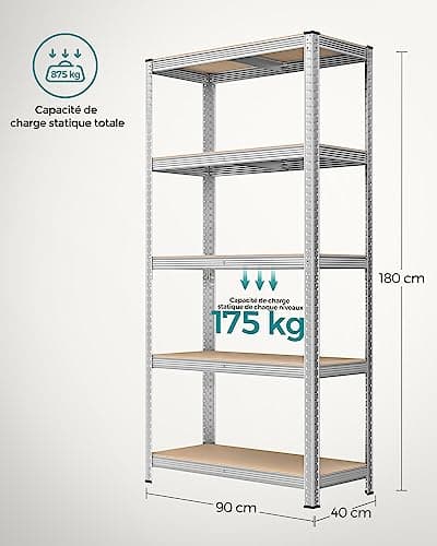 SONGMICS Lot de 2, Étagère de Rangement à 5 Niveaux, 40 x 90 x 180 cm, Capacité 875 kg, Planches Réglables, Style Industriel, pour Cuisine, Salon, Argent GLR040E02