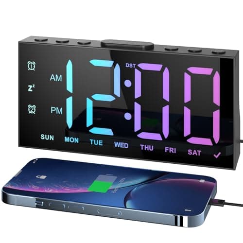 LIORQUE Réveil Numérique, Reveil Ado avec 4 Couleurs Dégradées et 4 Couleurs Fixes, 4 Modes D'alarme, 2 Alarmes, Réglage de La Luminosité, Snooze, 12/24 H, Port USB, Noir