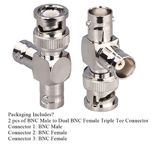 TUOLNK BNC mâle à double fiche femelle BNC en forme de T Connecteur triple en T Adaptateur séparateur coaxial 3 voies pour systèmes de sécurité/câble coaxial/appareils sans fil Pack de 2
