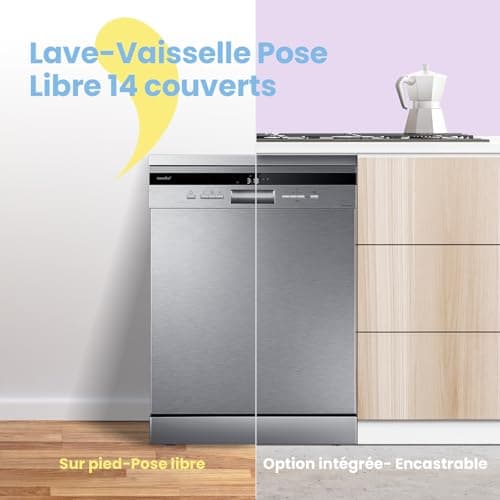 COMFEE' FD1435E-X Lave-vaisselle pose libre pour 14 couverts, grand format, 44 dB, grand écran LED, départ différé, fonctionnalité demi-charge, supports flexibles, acier inoxydable