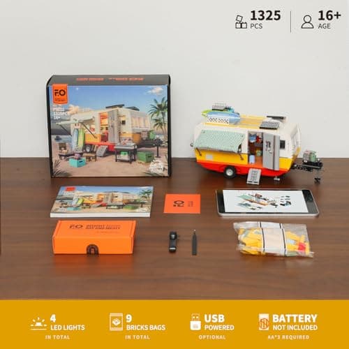 FUNWHOLE Caravane de Voyage - Ensemble de Construction en Briques Éclairées, Van Classique de Plage avec Lumières LED, Modèle de 1325 Pièces pour Adultes et Adolescents