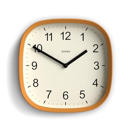 JONES CLOCKS Horloge Murale rétro carrée en Acrylique de Haute qualité, Le 'Sprite' en Jaune Moutarde, 25 x 25 x 5 cm
