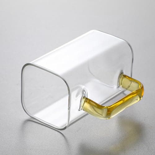 QHYK Verres transparents, Lot de 6 tasses, Verres à bouche carrée avec poignées colorées, 300ml, Parfaites pour à thé, jus, café, boisson, usage quotidien ou fête, restaurant, mariages