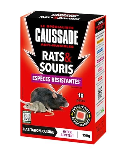 Caussade Anti Rats & Souris 150 g - Efficacité Radicale - Spécial Rats et Souris Résistants - 10 Pâtes Fluorescentes - Prêt à l'emploi - Hyper Appétent - Lieux secs et humides - Habitation, cuisine