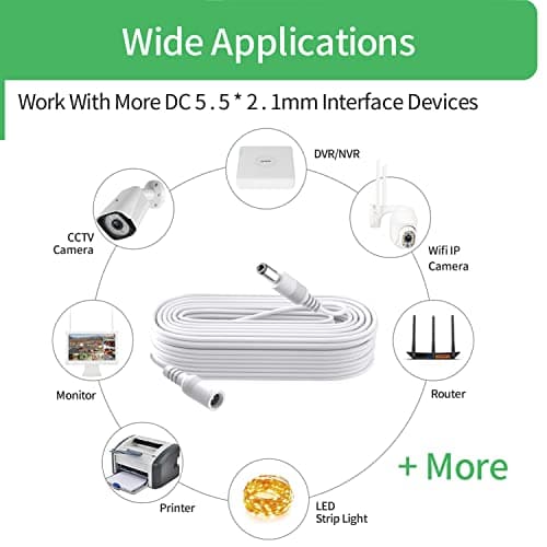 Lonnky Câble d'Extension DC Blanc de 10 Mètres 2,1 mm x 5,5 mm Mâle à Femelle - Câble d'Extension Adaptateur d'alimentation, Compatible avec Caméras de Sécurité CCTV, DVR, Bandes LED, Routeurs