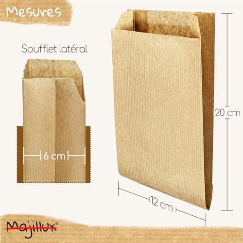 Majillux 100 Sacs en Papier Kraft 12 x 20 x 6 cm, Pochettes Cadeau Marron, Petits Sacs en Papier, Pochettes en Papier Kraft Alimentaire - Durables et Recyclables, Fabriqués en Europe