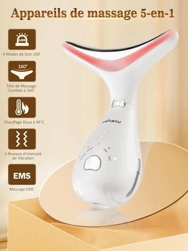 Appareil Massage Visage Anti Rides: Masseur Facial Double Menton Electrique 4 LED Couleurs - EMS Thermique 45°C 3 Mode Massage Lifting - Appareil de Beauté Raffermissement du Visage et du Cou Anti-Âge