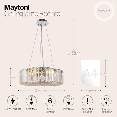 MAYTONI DECORATIVE LIGHTING Lustre à suspension en cristal grand moderne rond style contemporain, en métal couleur chrome excl 6 x 60W E27 230V