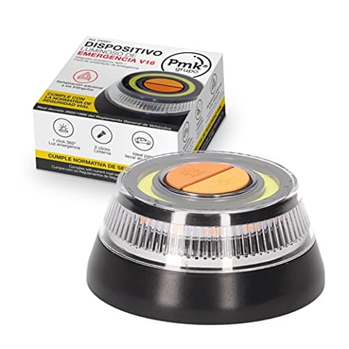 PMK GRUPO - Lumière d'urgence V16 homologuée DGT | Balise signalisation danger pour voiture [Visibilité 1 Km] avec base magnétique et lampe torche