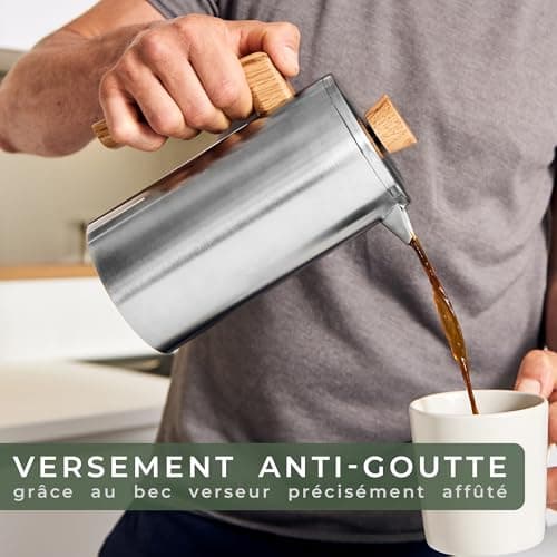 WALDWERK Cafetière à Piston (1L) - French Press en Acier Inoxydable à Double Paroi avec Poignée en Bois de Chêne - Cafetière Manuelle Sans Plastique