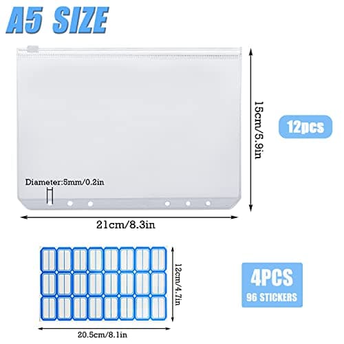 12PCS A5 Taille 6 Trous Pochettes Classeur en Plastique 6 Trous Sacs Zippés à Feuilles Mobiles Dossiers à Glissière des Dossiers Imperméable