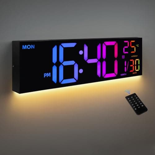 HAITANG Horloge Murale numérique 8 Couleurs, Grande Horloge numérique de 41,1 cm avec température, Date, Heure d'été Automatique, veilleuse, variateur de luminosité Automatique, Horloge Murale 24/12