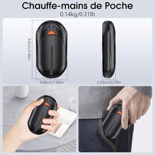 OUTJUT Chauffe Main 2 Packs 6000mAh Chaufferette Main Reutilisable, USB Chauffe-Mains 3 Modes de Chauffage 2S Rapide, pour Sports de Plein Air, Camping en Hiver Cadeau de Noël (Noir)