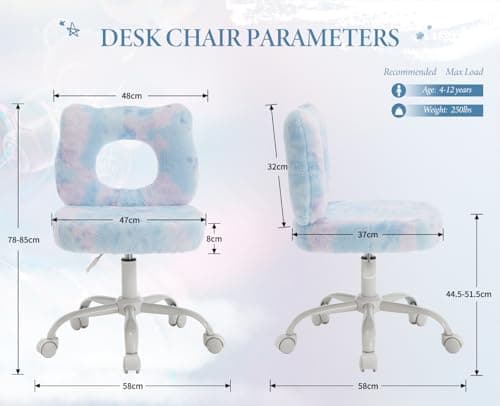 Wahson Chaise de Bureau pour Enfant Chaise Enfant Chambre à roulettes Chaise de Bureau Enfant Réglable en Hauteur, Fauteuil Bureau Enfant pour Chambre, Fausse Fourrure, Bleu