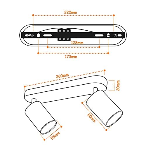 KYOTECH Plafonnier LED 2 Spots Orientables 2 GU10 Spots de plafond Pivotants & Orientables,Applique murale LED Noir mat,livré sans ampoules