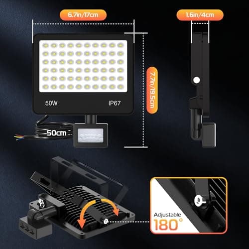 HAPYLUMI 50W Projecteur Exterieur LED Detecteur de Mouvement, 5000LM Spot LED Extérieur Avec Detécteur 6500K Blanc Froid, IP67 Étanche Phare LED Éclairage Extérieur pour Patio, Jardin, Terrasse