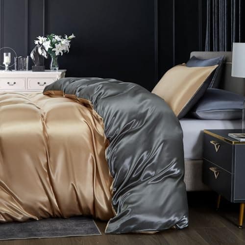 Tospass Housse de Couette Satin 200x200 Dorée Beige Gris Satinée Parure Linge de lit Adulte 2 Personnes Uni Soie Soyeux Brillant Ensemble Literie avec Fermeture éclair et 2x65x65cm Taies d'oreiller