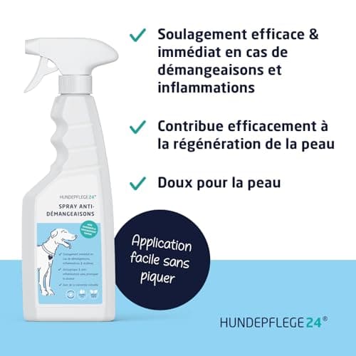 Hundepflege24 Spray Anti demangeaison Chien 500ml - Aide d'urgence immédiate & apaisement Efficace Contre l'inflammation, Les acariens, aoûtats, mycoses & puces - Anti demangeaison pour Chien et Chat