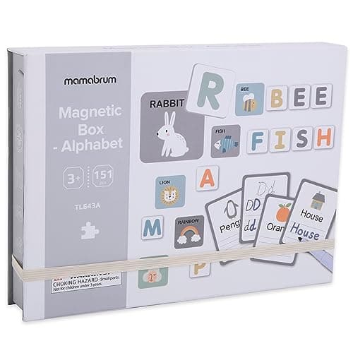 mamabrum, Puzzle magnétique - Alphabet - Apprentissage de l'écriture, 1 boîte magnétique, marqueur effaçable, Tissu, 26 Cartes, 78 Carreaux magnétiques, pour Enfants Lettres et Chiffres magnétiques